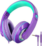 rockpapa Comfort+ Kids Headphones with Microphone, Boys Girls Student Over-Ear Headphones Wired Foldable for School Classroom Laptop PC Computer Tablet Purple Green