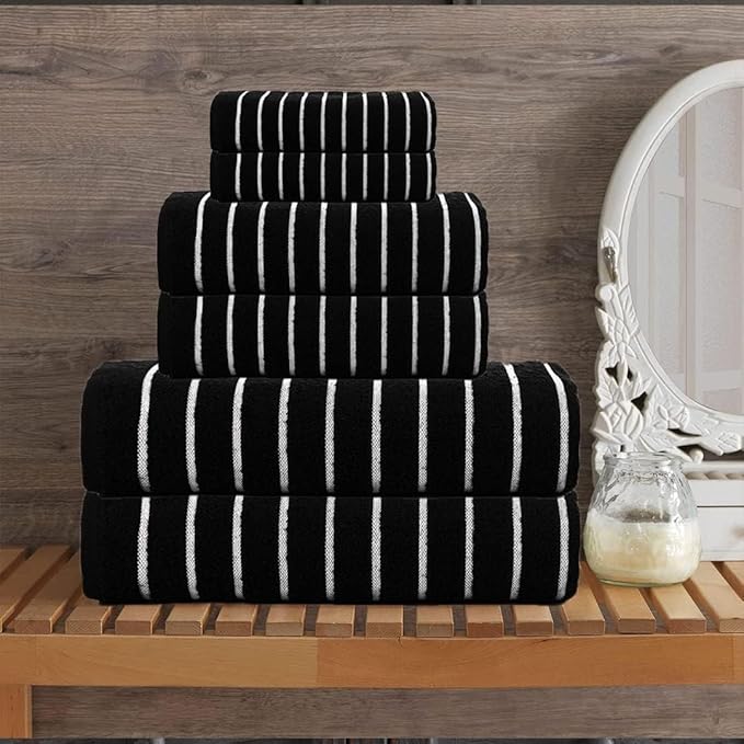 CASA COPENHAGEN Ecstatic 6Pcs 100% Egyptian Cotton Large Designer Towels Gift Set- Pitch Black, 600GSM, 2Bath 2Hand 2Washcloths, Bath Towels for Bathroom Set for Women & Men