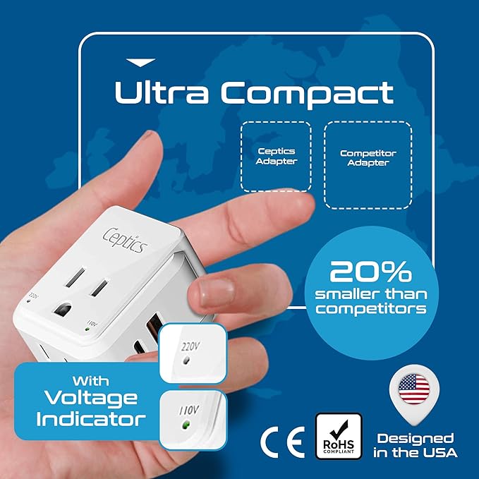 Ceptics Brazil Power Plug Adapter Travel Set, 20W PD & QC, Safe Dual USB & USB-C 3.1A - 2 USA Socket - Compact & Powerful - Also Use in Peru, Chile - Includes Type C, Type N Swadapt Attachments