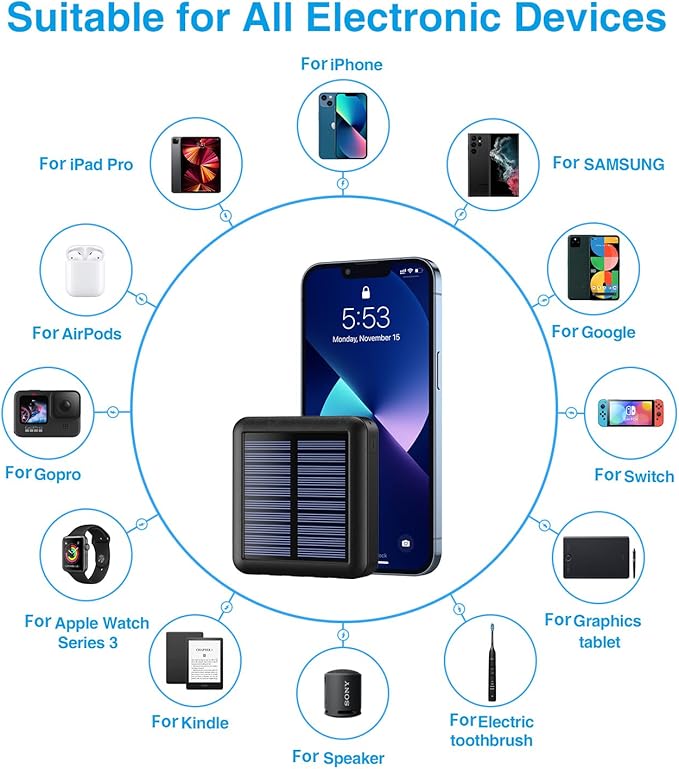 Solar Portable Charger 12000mAh, Small Solar Power Bank, USB C Input/Output External Battery with Built-in 4 Cables, Two-Hand Flashlight, Suitable for iPhone, Tablet Computers and Samsung