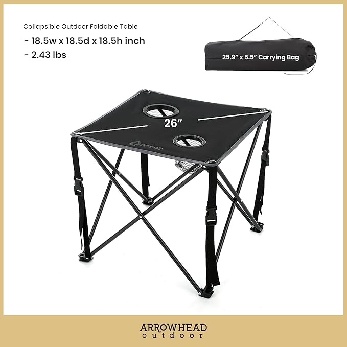 ARROWHEAD OUTDOOR 2-Pack 26” (66cm) Heavy-Duty Portable Camping Folding Table, 2 Cup Holders, Compact, Square, Carrying Case Included, Steel Frame, High-Grade 600D Canvas