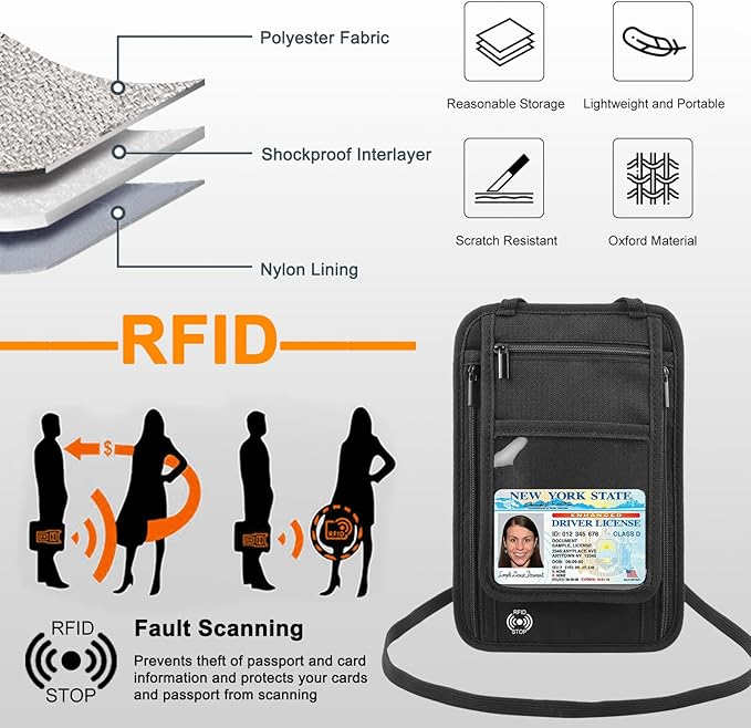 Travel Neck Wallet with RFID Blocking Passport Holder, RFID Blocking Stash Neck Wallet, Neck Storage Bag for Keeping Credit Cards & Travel Documents Safe & Small Change (Black)