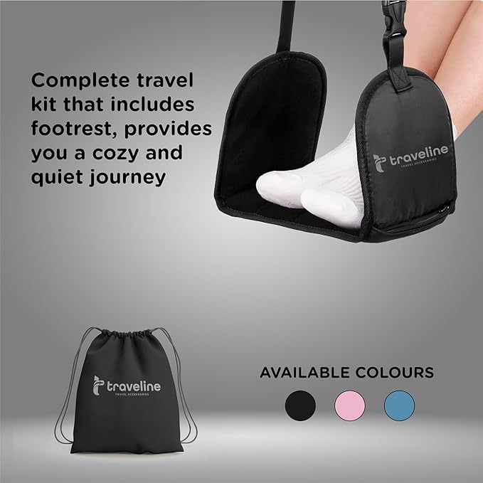 Airplane Foot Hammock – Memory Foam Travel Footrest with Rigid Base, Adjustable Strap for Long Flights & Travel Comfort (Black)
