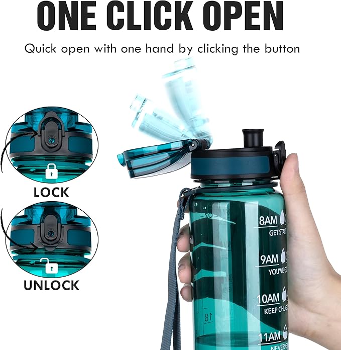 OLDLEY Water Bottle, 32oz Motivational Sports Water Bottle with Time Marker - Times to Drink - Tritan, BPA Free, Wide Mouth Leakproof, Anniversary Birthday Gifts for Men Women, Deep Sea (1 Bottle)