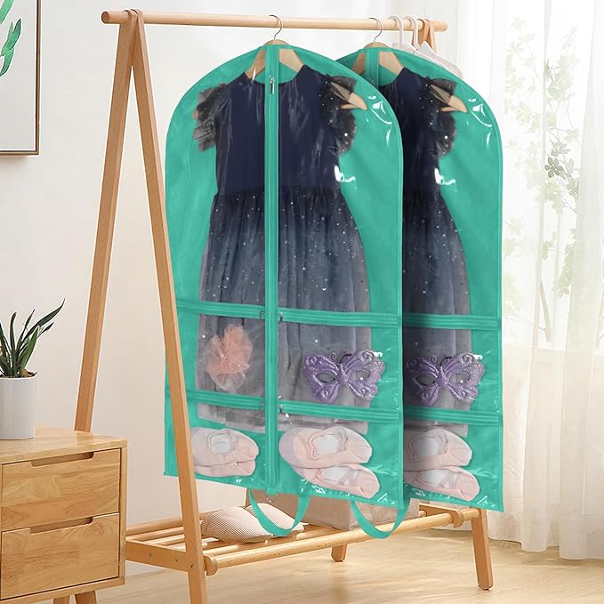 KEEGH CLear Garment Bags for Dance Costumes 40 inch Dance Garment Bags for Dancers Hanging Clothes for Closet Storage, with 4 Zipper Pockets for Dance Competitions, Ballet, Theatre, 2 Pack, Green