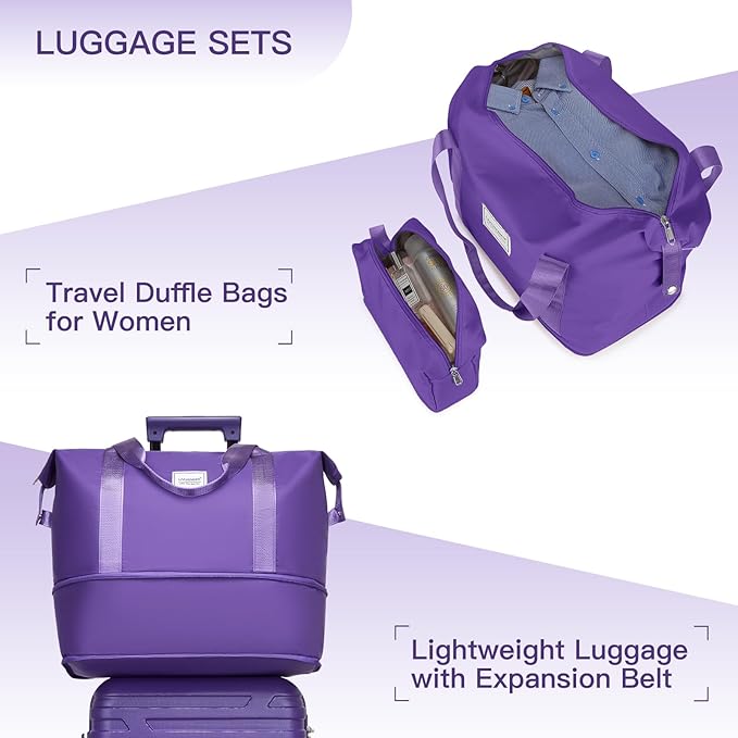 6 Piece Luggage Sets with Bags, Lightweight Expandable Checked Luggage Sets, Hardshell ABS Spinner Wheels Carry on Suitcase with TSA Lock, for Travel, Women Men (Purple, 18/20/24/28inch+2bags)