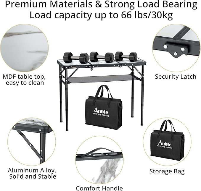 Anbte Folding Camping Table, Aluminum Small Folding Table 3 Adjustable Height Max 27.5", Portable Table with Carry Handle, Lightweight, for Outdoor Indoor Travel Camping Picnic BBQ, 34.6" x 15.7"