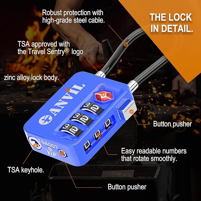 ANVIL TSA Locks for Luggage with Search Alert: Durable Cable Combination Locks, TSA Approved - Secure Travel Locks for Suitcases, Backpacks & Gun Cases (2, Blue)