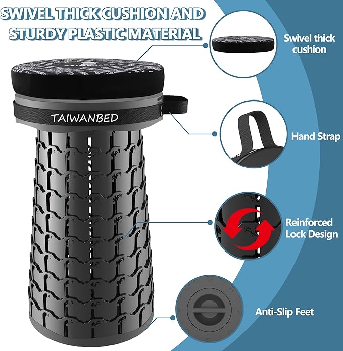Upgraded XXL Taller 19.7" Wider 11.8" Collapsible Stool with Cushion,Adjustable Seat with Load Capacity 1000lbs, More Taller&Wider Portable Retractable Stool for Adults Camping Fishing Hiking BBQ