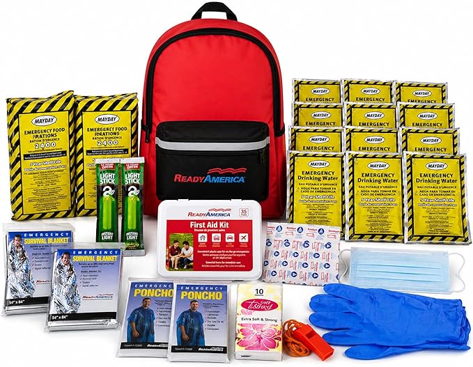 Ready America 70280 72 Hour Emergency Kit, 2-Person, 3-Day Backpack, Includes First Aid Kit, Survival Blanket, Portable Preparedness Go-Bag for Camping, Car, Earthquake, Travel, Hiking, and Hunting, Red