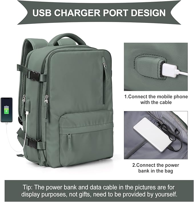 WONHOX Large Travel Backpack Women, Carry On Backpack,Hiking Backpack Waterproof Outdoor Sports Rucksack Casual Daypack with USB Charging Port Shoes Compartment, Dark Green