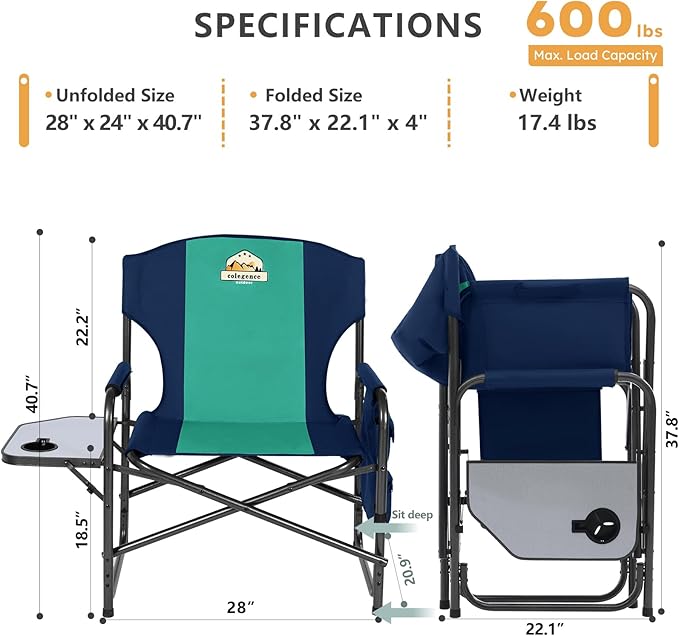 Colegence Oversized Directors Camping Chair Set of 2 Support 600 LBS, Heavy Duty Folding Outdoor Chairs with Detachable Side Pocket and Adjustable Side Table for Outside Beach,Lawn,Fishing,Dark Blue