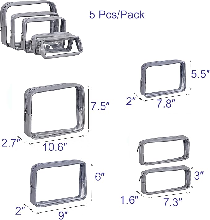 Remobia Hicol TSA Approved 5-Piece Diaper Bag Organizer Pouch Set Clear Waterproof TPU Kids Toiletry Storage Set Travel Packing Clutch Cube Bags for Baby Nursing (Dark Gray)