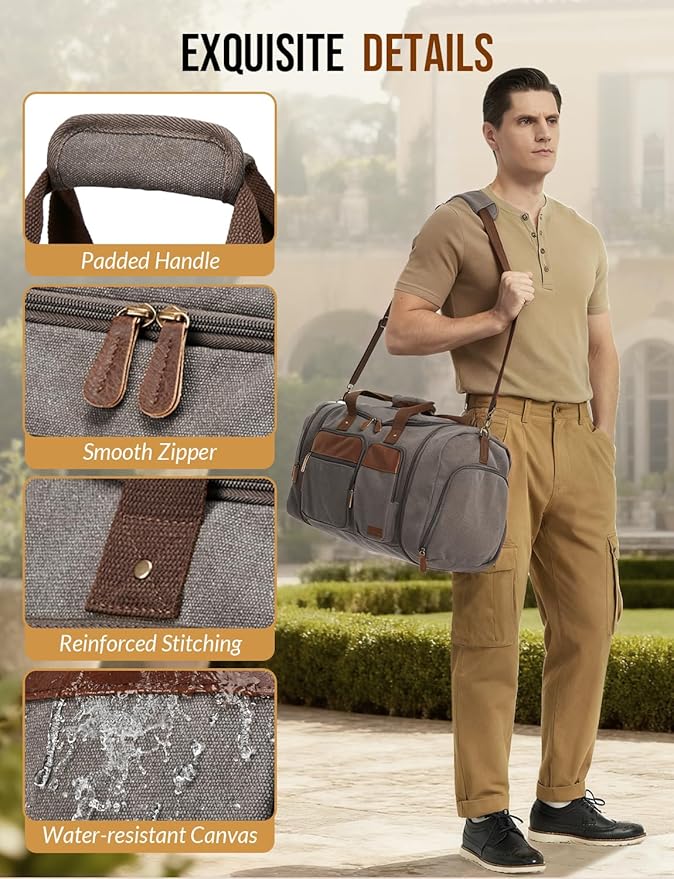 Canvas Duffle Bag for Travel 50L Expandable Travel Duffel Bags for Men Women Overnight Weekend Gym Bag with Shoes Compartment - Grey