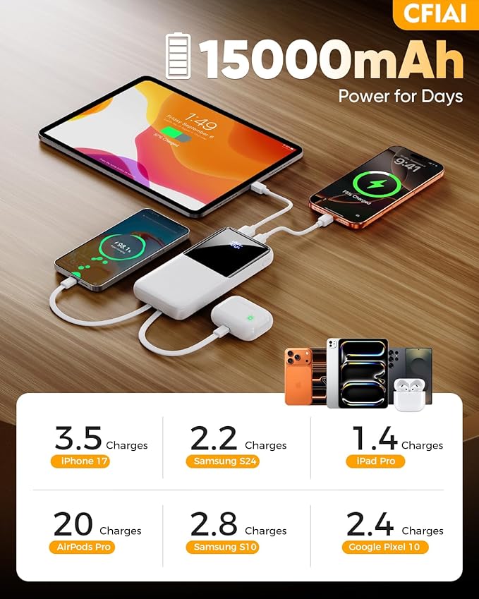 Portable Charger Power Bank - 15000mAh Battery Pack Portable Phone Charger with Built in Cable 22.5W Fast Charging Powerbank Compatible with iPhone Android Samsung Phone, Travel Camping Essential