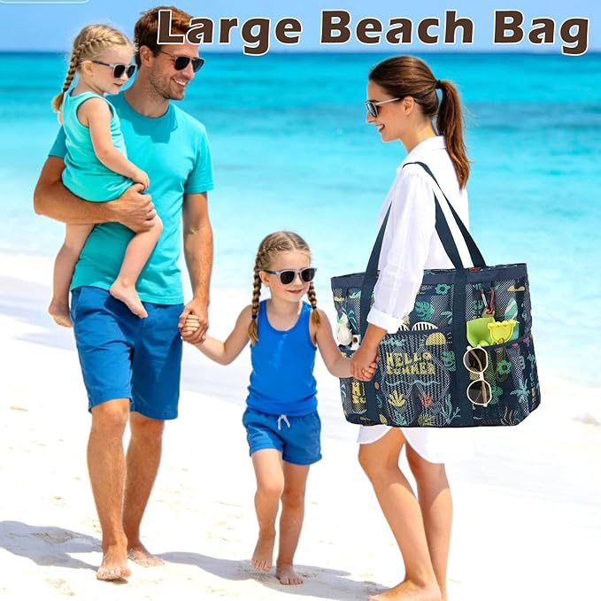 Fammart Mesh Beach Bag with Zipper, Large Beach Tote for Women, Toys Pool Swim Bag Travel Vacation Cruise Essentials