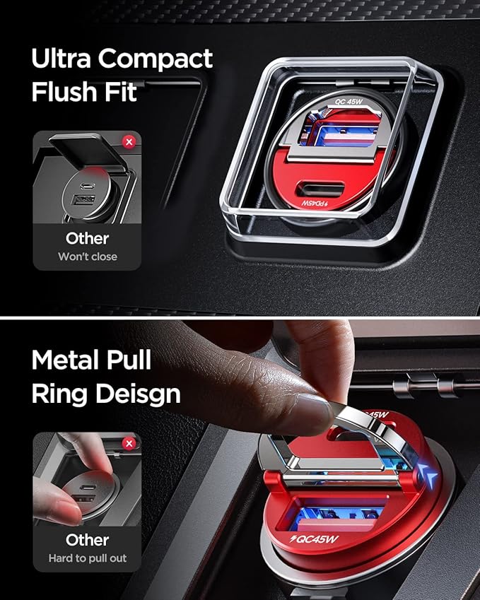 MRGLAS 90W USB C Car Charger Fast Charge, PD45W & QC45W, Flush Fit, Extra 3.3ft Type C Cable, All Metal, Cigarette Lighter USB Charger for iPhone 16 15 Pro Samsung S25 S24 S23 Ultra Pixel 8/8Pro/7-Red