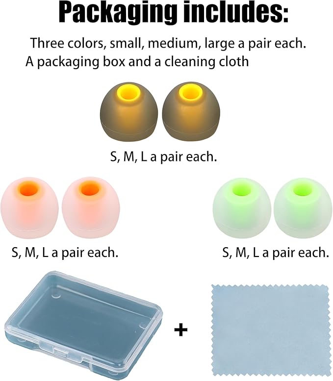 Silicone Earbud Tips - S M L, Fit Most In-Ear Earbuds (Inner Hole 3.8mm - 5.1mm), 9 Pairs