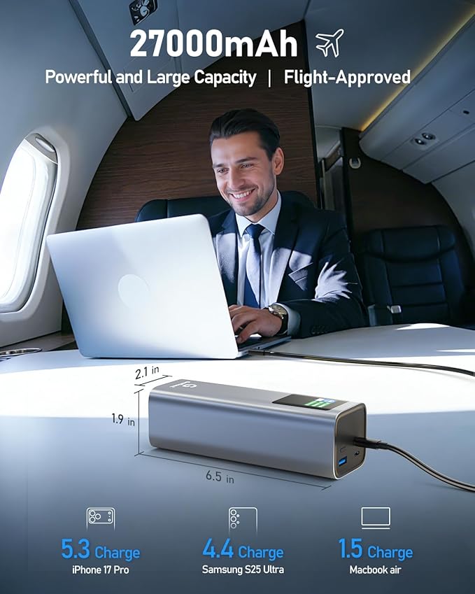27000mAh Power Bank, 140W Laptop Portable Charger with PD 3.1 Fast Charging, Smart Sisplay, 99Wh Battery Bank for MacBook Pro/Air, iPad Pro, iPhone17/16 Series, Samsung and More(Silver Gray)