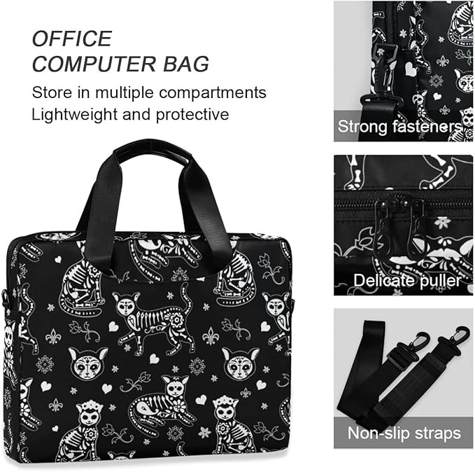 Laptop Bag 15.6 inch, Waterproof Laptop Case with Strap, Protective Laptop Carrying Case for Women&Men, Death Halloween Cats Gothic