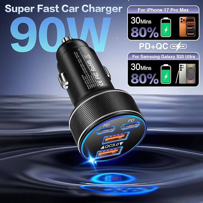5 Pack USB C Car Charger, Multi Port 90W Super Fast Charging Cigarette Lighter Adapter, 4-in-1 Dual USB-C & USB-A Car Phone Power Adapter for iPhone 17/16/15/Pro Max, iPad, Samsung Galaxy S25