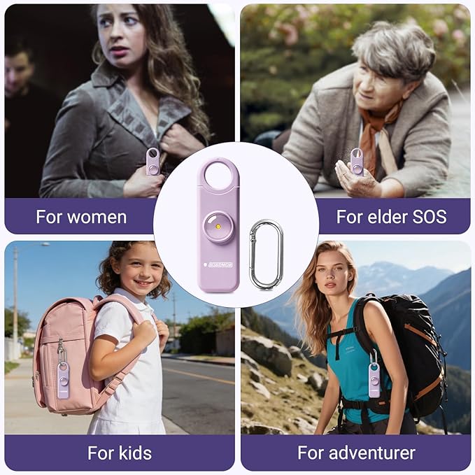 Rechargeable Personal Safety Alarm, 130dB Emergency Siren with LED Flashlight, Portable Keychain for Women, Kids, Elderly, Night Running & Travel (Lavender Purple)