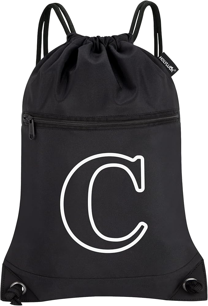 HOLYLUCK Drawstring Bags Initial Backpack Sackpack Cinch Bags for Sports, Gym, Travel, Beach(Black-C)