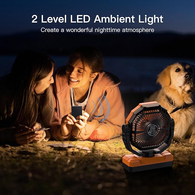 FRIZCOL 3-in-1 Camping Fan - Portable Fans Rechargeable - 24000mAh Battery Powered Fan with Light & Remote for Indoor, Outdoor, Tent, Travel, Fishing, Jobsite, Gifts for Men Dad Him - Orange