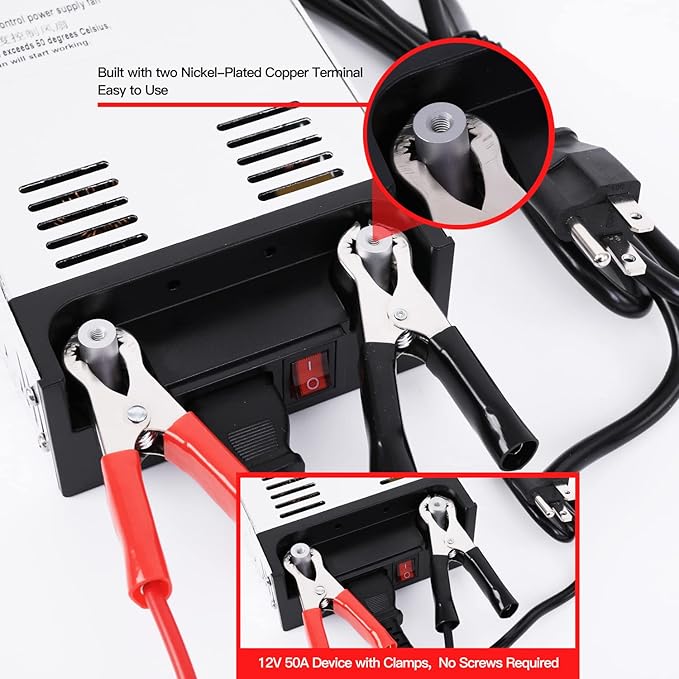 High-Power SMPS 110V/220V AC to 12V DC Converter - 50A 600W Power Supply - Adjustable Switch Transformer for LED Strip, LCD Monitor CCTV, Radio/Car Stereos, 3D Printer - Includes 2 Clamp Wires