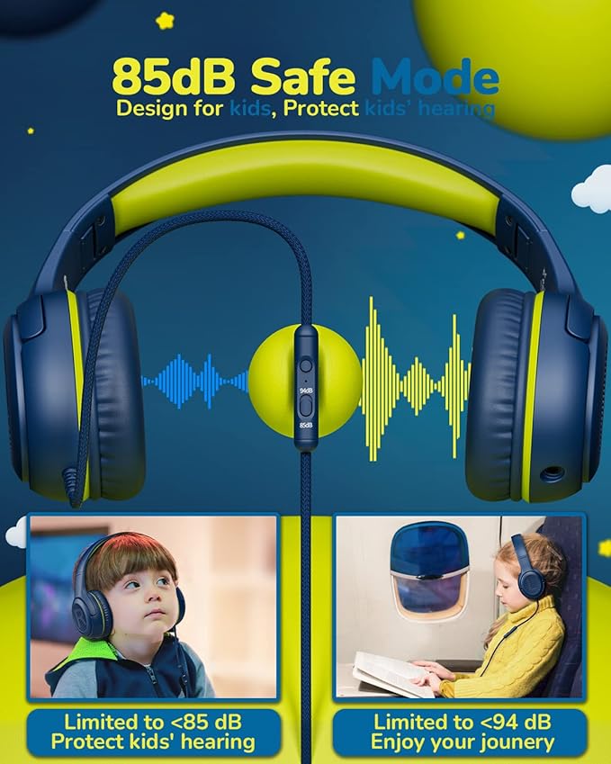 awatrue 2PCS Kids Headphones for School Travel, 85/94dB Safe Volume Limit, 3.5mm Jack, HD Mic, Portable Wired Headphone with Shareport, Stereo Sound On-Ear Headphones for Toddler Kids Girls Boys
