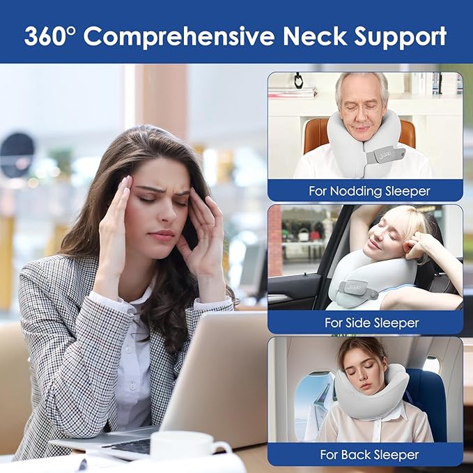 jiaao Memory Foam Neck Pillow for Travel & Airplanes, Adjustable Travel Pillow for Long Flights & Road Trips, Includes Eye Mask, Earplugs & Bag