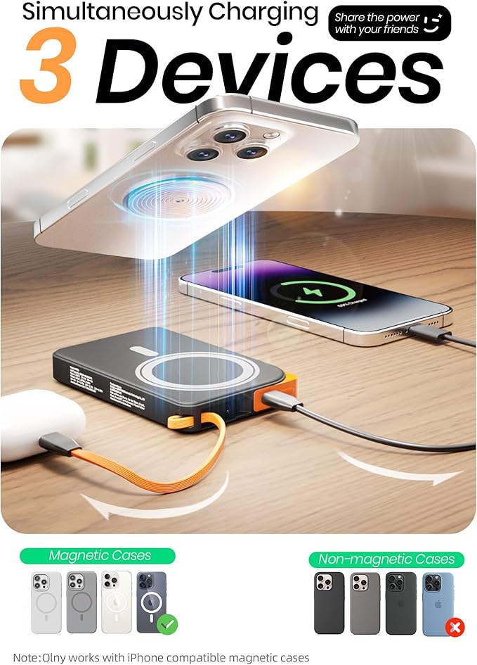 for Magsafe Portable Charger, 3-in-1 Magnetic Power Bank with Stand, 10000mAh Wireless Battery Pack Fast Charging with Built in Cable(USB C), Powerbank for iPhone17/16/15/14/13 Travel & Daily, Black
