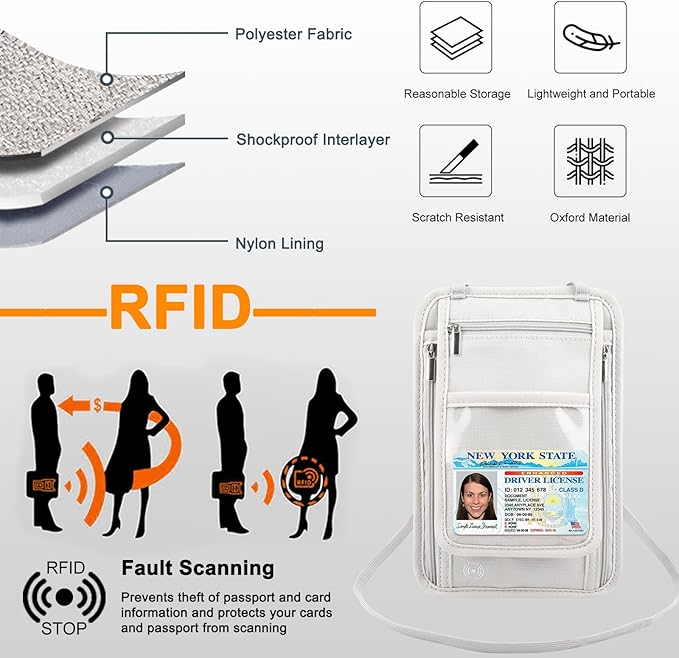 Travel Neck Wallet with RFID Blocking Passport Holder, RFID Blocking Stash Neck Wallet, Neck Storage Bag for Keeping Credit Cards & Travel Documents Safe & Small Change (Ash Gray)