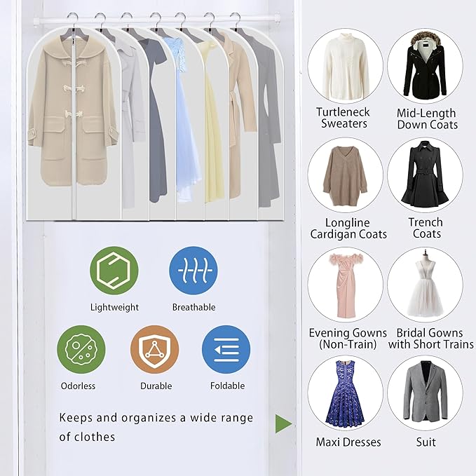 7-Pack 48-Inch Clear Garment Bags - White Translucent Hanging Dust Covers for Closets, Travel, and Seasonal Clothing Storage