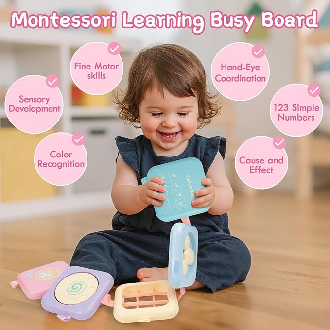 GRESEESM Montessori Toys for 1 Year Old Girls Gifts, Toddler Busy Board, Baby Learning Travel Sensory Toys for Toddlers 1-3, 1st Birthday Gifts, Easter Basket & Stocking Stuffer, Macarons