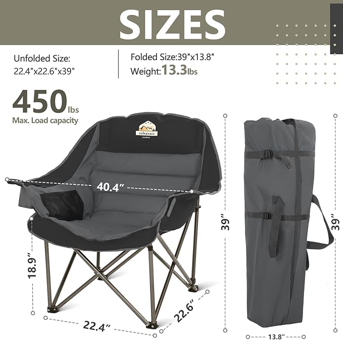Colegence Oversized Camping Chairs Set of 2, Padded Camping Chair Heavy Duty Lawn Chairs for Adults, XL Foldable Camp Chair for Outdoor Sports, Baseball, Wide Seat Support 450LBS - Black and Grey