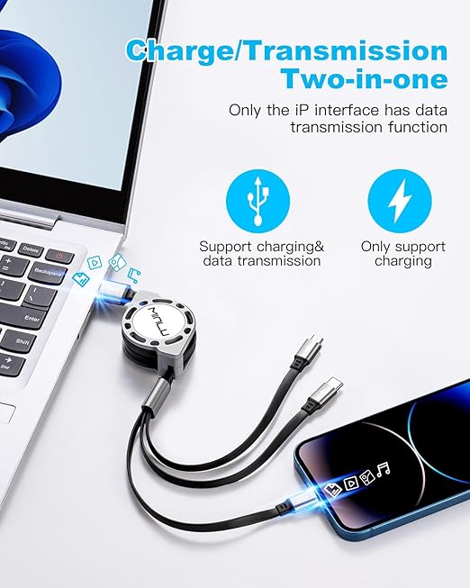 Multi Charging Cable 3A, [2Pack 4ft] Retractable Multi Charging Cord 3 in 1 Fast Charger Cord, USB C Charger Adapter with Lightning/Type C/Micro USB Ports for Cell Phones/iPhone/Samsung/PS/Tablets
