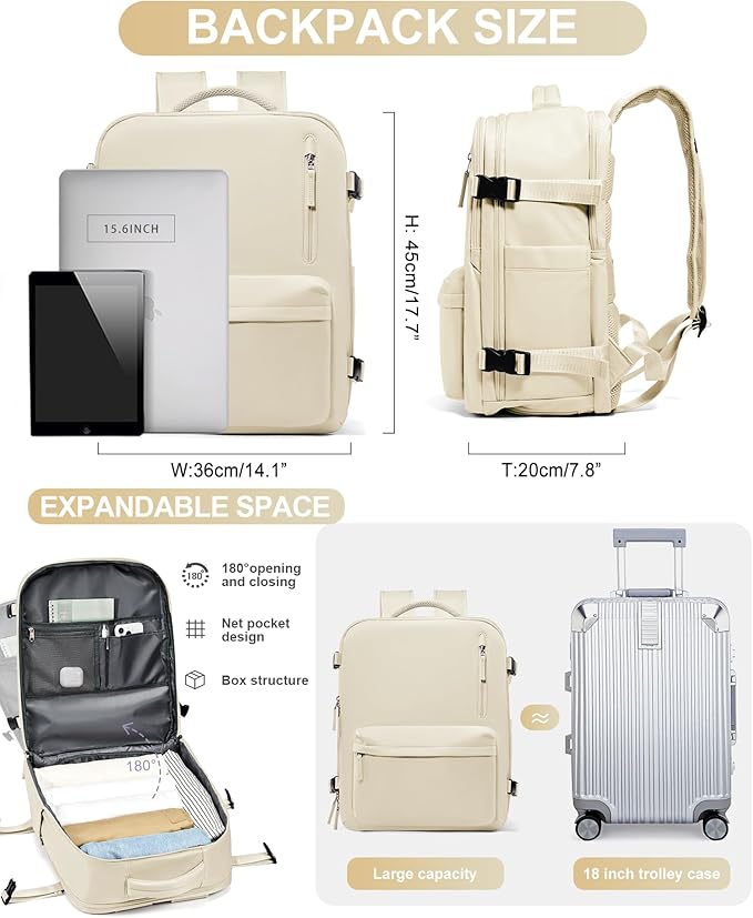WONHOX Large Travel Backpack Women,Carry On Backpack Flight Approved 18x14x8 inches Bag Spirit Airlines Personal ltem,College Sports Hiking Rucksack Laptop Blackpack mochila de viaje,Beige