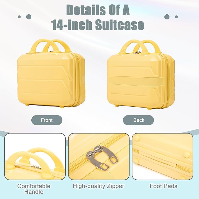 20 Inch Carry on Luggage with 14 Inch Cosmetic Case, 2 Pcs Hardshell Lightweight Durable Spinner Suitcase Set for Travel, Women, Men, TSA Lock, ABS, 20+14 Inch (Yellow)