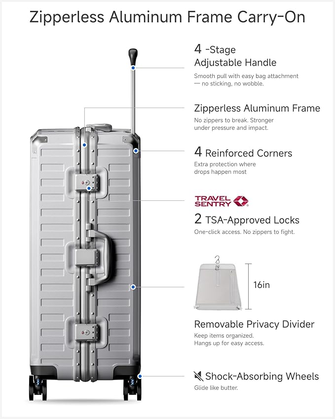 Luggage Sets with Spinner Wheels, 8010S Aluminum Frame Zipperless Polycarbonate Hard Shell Suitcase Sets (ZX-Core, Silver, 2 Piece (20/28))