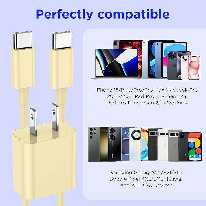 iPhone 17 16 15 Charger Fast Charging,2Pack 20W Apple iPad USB C Wall Chrager Block with 6FT USB C to C Cable for iPhone 17/Pro/Pro Max/17 Air/ 16/16 Pro/16 Pro Max/15/Plus/Pro/Pro Max (Yellow)