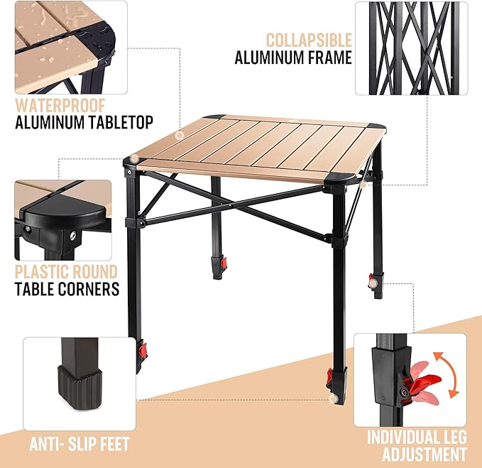 VILLEY Folding Camping Square Table with Carry Bag, Lightweight Aluminum Adjustable Square Table for Outdoor, Camping, Picnic, Backyards, BBQ, Medium