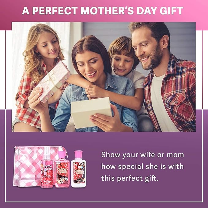 Cotton Candy Bath & Body Travel Kit, 3 Fl Oz, Ideal Skincare Gift Home Spa Set, Includes Shower Gel, Body Lotion and Fragrance Mist, Birthday Mother's Valentine's Day Gifts for Her