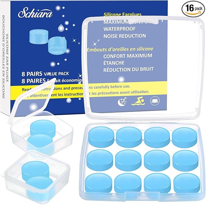 Ear Plugs for Sleeping, 16 Moldable Noise Cancelling Silicone Earplugs for Swimming, Snoring, Sleep and Studying, Blue