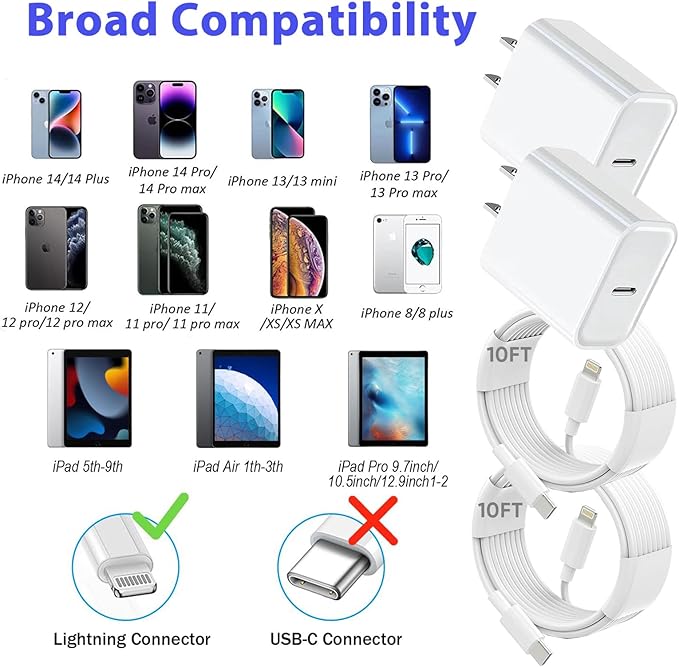 10FT iPhone Fast Charger,2Pack[Apple MFi Certified]iPhone Fast Charging USB C Blocks Wall Charger PD Adapter with Long 10 Foot USB C to Lightning Cable for i Phone14/13/12/11Pro Max/XS/SE/AirPods,iPad