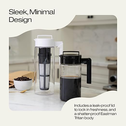 Takeya Deluxe Cold Brew Coffee Maker - BPA-Free Tritan Pitcher with Airtight Leakproof Lid, Silicone Grip Handle, Fine-Mesh Filter - Shatter-Proof, Dishwasher Safe, Made in USA - 2 Quart/Black