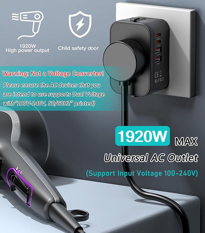European Travel Plug Adapter, Travel Power Strip for US to EU France Germany Iceland Spain Italy, International Power Adaptor with 2 USB C, 2 USB A and Multi AC Outlets, Travel Essentials