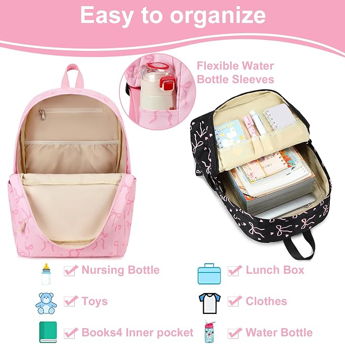 LOIDOU Backpack for Girls School Backpacks Bookbags for Elementary Middle School Women Laptop Backpacks (Bow Tie Pink, L-17)
