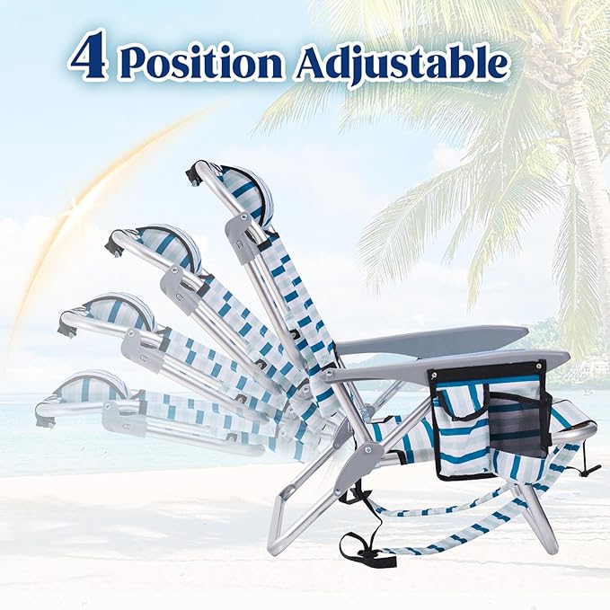 2 Pack Lightweight Portable Camping Beach Chair for Adults, Outdoor Lay Flat Folding Beach Chairs with 5 Positions, Backpack Beach Chair with Towel Bar, Zipper Pouch, Cup Holder, White Striped
