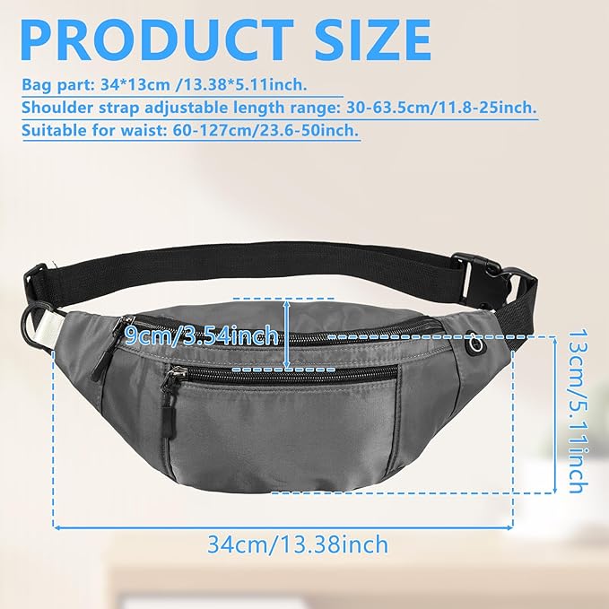 5PCS Crossbody Fanny Pack Bulk,Large Capacity Waist Bag with 4-Zipper Pockets Adjustable Strap Fanny Packs Waterproof Oxford Cloth Travel Belt Bag for Outdoor Shopping Travel Men Women,Gray
